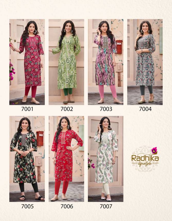 Pahel Vol 7 By Radhika Straight Cut Rayon Printed Kurti Wholesale Market In Surat
